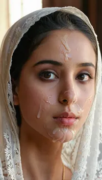 Close-up portrait of a, (very petite:1.3), (19 year old), (arabic woman), (lace-hijab), (cum on face), (cum on hijab), . woman, cum, on, face, <lora:JustCum:1.1>