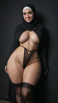 Best quality, masterpiece, ultra high res, (photorealistic:1.4), photo of beautiful bbb white woman, ((massive ass:1.2)), ((massive breasts:1)), dark eyes, (detailed brown eye), (the eyes are smiling), (detailed iris), detailed face, hijab, (huge hips:1.4), thin waist, black stockings, brown savage loincloth, seductive smile, laying on the black floor in a dark room, medium view, black background.