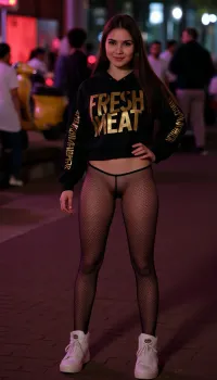 22 year old petite Brunette Persian girl, facing viewer, beautiful detailed yes, wearing a goth style graffiti picture hoodie, Text printed in large golden letters on the hoodie "FRESH MEAT". pawg, wearing long tight random color transparent lycra leggings, wearing white trainers, feet facing the correct way, beautiful, normal proportions of legs, cute, ((no underwear)), big booty, massive boobs, sexy smile, on a neon street at night, Behind her stands a large group of arab sheikhs men in the background, ((8k uhd, high quality, high resolution, all of focus, ultra-detailed, professional photography, photorealism, realistic, sharp line, beautiful sexy fit dark red goth girl, beautiful face, long hair, dark blonde hair seductive face, makeup, body visible, complete body, türkis latex catsuit, rose clothes, high heels boots, rose slave collar, dildo, sex, toy, vaginal, object, insertion, anal, A 40-year-old lady wearing a transparent green PVC jumpsuit stands porn-style in front of a yellow Vespa Primavera. spread pussy. The horny lady masturbates her spread pussy with a champagne bottle stuck in her pussy., The horny lady masturbates her spread pussy with a champagne bottle stuck in her cum-covered pussy., (((Hammer handle in anal ass))), <lora:dildo-v03-std-e97:.5>, <lora:FF-Latex.ID-XL-011.bf16:.5>))