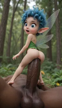 (Tiny fairy:2), anal sex, huge black cock, interracial, forrest, shocked, low angle