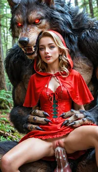 1girl, werewolf with a dick, forest, couple, red riding hood, blonde hair, dress, size difference, masterpiece, best quality, highly detailed, 1man covered in fur, Werewolf, vaginal, creampie, close, up, bending, over