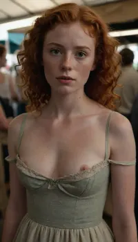 20 year old ginger girl, lots of freckles, light red hair, very curly hair, mullet, small upturned nose, thin lips, big eyes, skinny body, lanky body, thin, no bra, pointy nipples, pokey, period appropriate clothing from colonial new england, at a busy flea market, she hasn’t noticed that the strap of her dress has fallen off of her shoulder and her nipple is visible