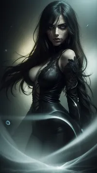 a coquettish woman with a very long hair, chaotic darkness, scribbled lines, surrender, polychromatic, diffuse, elaborate hairstyle, small breasts, beautiful crystal eyes, glowing {brown, blue, green} iris, heartshaped lips, freckles, lip gloss, aroused skin, olive skin, pose, dramatic sunrise, ground-fog, fog, (blackened darkness mood), worm´s-eye view, soft focus, distorted, night vision, double exposure, parallax, #©KITTYART