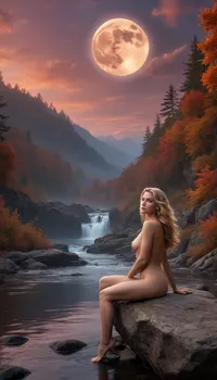 Create a mystical scene with a 27 yo young female nude figure with a slender body, beautiful teardrop-shaped bare breasts, Fit, muscular, sitting gracefully on a rocky outcrop. She has a fair skin tone and long wavy golden hair falling over her shoulder all the way to the waist, In the background is a dramatic twilight sky, illuminated by a large, bright full moon, casting a pinkish hue over the landscape. The figure is surrounded by misty clouds and hints of glowing water flowing over the rocks, water falls, creating a sense of fantasy. In the foreground, a dark wolf hound dog perches on a nearby rock, adding to the mystery of the scene. The atmosphere is filled with an enchanting combination of eerie calm and elemental energy, surrounded by faint outlines of autumn mapel leaves in deep red and orange tones, which enhances the enchanting character of the overall composition.photorealistic, FHD, hyperrealistic, ultra detailed, 4K 3D