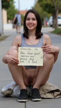 A petite 24 year old homeless woman in dirty clothes sits on a sidewalk. She is holding a handwritten sing with Text "Blowjob for Food, Pussy And Ass for a Bed".