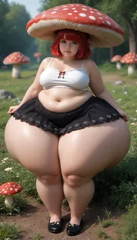 Cute chubby woman, (plump:1.3), chubby, massive ass, curious, relaxing on a giant mushroom, spikey red hair, pale white skin, (hyper ass:1.4), Full length skirt