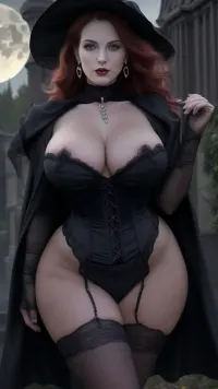 Best quality, masterpiece, high resolution, 8k wallpaper, high quality UHD, high detail 8K, perfect lighting, best shadow, best frame, dark theme.

Red thick lush hair, pulled back in a simple braid, a few strands pulled out to frame her wide cheekbones, nose slightly upturned, lips nicely plump.

European MILF, mature woman 40 years old, MILF figure, muscular build, tall toned build, long slender legs.

Huge tits, huge breasts, big breasts, beautiful breasts, teardrop shaped breasts, big saggy breasts, big dark nipples.

Thick huge ass, round curvy buttocks, toned thighs, curvy lower body, slim waist.

A vampire woman walks through a night cemetery, stars and the moon shine in the sky

**Description of vampire women's clothing**

Vampire women's clothing is a combination of elegance, mysticism and sex appeal. This image draws inspiration from Gothic aesthetics, Victorian fashion and modern fantasy culture. Its main task is to create an aura of mystery, strength and eternal beauty.

### Main features of the image, #### 1. **Silhouette and cut**

* **Fitted dresses** with a corset or deep neckline.
* **Long evening dresses**, wavy, flowing behind the figure, with drapery or a train.
* **Variations on the theme of Gothic or medieval robes**, long sleeves-"wings", high collars, capes.

#### 2. **Fabrics**

* **Velvet** — the main fabric for the vampire image, deep texture, drama.
* **Silk, satin, lace** — for luxury and sexuality.
* **Tulle, mesh** — as translucent elements or for drapery.

#### 3. **Colors**

* **Black** — the dominant color.
* **Burgundy** — is associated with blood and passion.
* **Purple, navy blue, gray** — add depth and an aristocratic look.
* Contrasting **white elements** — for example, leather or inserts — emphasize "deadness".

#### 4. **Accessories**

* **Chokers** — often with red stone or lace.
* **Hats, veils, capes with hoods**.
* **Long gloves**, lace stockings.
* **Rings, brooches, earrings** with Gothic motifs, crosses, bats, roses, skulls.

#### 5. **Shoes**

* **Heeled boots**, patent leather shoes or ankle boots.
* Pointed toes or elegant shapes.

#### 6. **Makeup and hairstyle, (as a complement to the image), **

* Pale skin, dark lips, emphasis on the eyes.
* Hair, loose, wavy or with retro elements, (Victorian curls), ., <lora:germanbreasts:.8>, xtrpawg, ass, <lora:xtrpawg:.8>