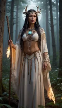"Full-body, zoomed-in view of a towering Native American forest priestess standing barefoot in a glowing moonlit forest. She wears a flowing ceremonial robe made of stitched deerskin and feathers, with glowing runes embroidered across the fabric. Her long black hair flows with the wind, adorned with moonstones and small braids. Her face is calm and powerful, painted with sacred white tribal markings. She holds a wooden staff topped with a glowing crystal. Surrounding her, bioluminescent plants and glowing animals watch silently. Ultra-realistic 4K details, cinematic lighting, tribal spiritual mythology, photorealistic female character, ."