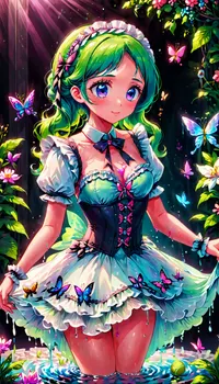 bioluminescent, dress, burlesque, butterfly, crystalline, cute, maid, fairy, flower, idol, iridescent, clothing, liquid, princess, ruffled, lingerie, sailor, senshi, uniform, tennis, underbust, corset, victorian, water, <lora:xl_n15g_aio_clothing-2.0:.8>