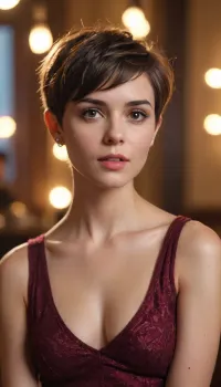 young woman with boyish figure, super sexy, pixie haircut