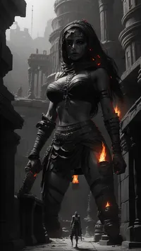 ---

🩸 Prompt 2, "Blood in the Sand City" – Enhanced with Mummies

> A ruined courtyard in a forgotten desert city, cracked stone tiles buried under layers of sand and bones. Towering broken statues of pharaohs lean in strange angles.

At the center stands a fierce female adventurer, facing the viewer. Her explorer's shirt is ripped, drenched in sweat, clinging to her toned body. Her face is smeared with dirt and blood, eyes sharp with defiance. Her right arm holds a flickering torch, casting dramatic shadows, while her left hand clutches a blood-streaked dagger.

Surrounding her in a loose semicircle are six to eight reanimated mummies, crawling out of the sand or emerging from temple doorways. Their skeletal fingers clutch ancient weapons, and their eyes burn bright crimson red — the only color in this black-and-white scene.

Some mummies perch on broken pillars, others crawl over fallen statues, and one appears just behind her, its glowing eyes peeking from the shadows.

Behind the heroine, a collapsed temple gate is visible, engraved with glowing runes. The dusty air is thick with tension and faint trails of ancient magic.

Visual style, hyper-detailed grayscale with single red color element, (mummy eyes), Lighting, torchlight contrast, dramatic shadows, wind-blown fabric
Mood, horror-adventure, surrounding threat, last stand





---