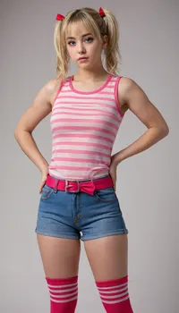A young woman, appearing to be of Asian descent and in her late or early twenties, is depicted from a low-angle perspective. She has long, straight blonde hair styled in pigtails, bright blue eyes, and a serious, almost defiant expression. She is wearing a red and white horizontally striped sleeveless top with a small bow detail, dark blue denim shorts with a rolled-up hem and a red belt, and pink and black striped knee-high socks. Her hands are on her hips, in a confident pose. The setting is a plain, light beige background, drawing focus solely to the character. The character is centered in the frame and oriented to face the viewer directly. The style is anime-inspired, with clean lines, vibrant colors, and a slightly exaggerated body type. The lighting is even and soft, with no harsh shadows. The overall atmosphere is one of slight defiance and self-assuredness