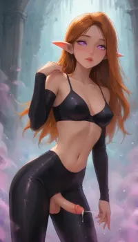 (Dark elf sorceress), glowing violet eyes, (detailed eyes), (perfect eyes), long orange hair, deep cleavage, seductive gaze, She's masturbating in the Ballet Hall, one hand masturbation, wearing a black latex ballet suit, bare breasts, with her short penis peeking out from under the black latex underpants, her hair in a bun, smooth black skin, big round boobs, erect nipples, shiny body, toned abs, narrow waist, curvy hips, Profile view, looking from the side, sticking his ass up, testicles hanging down, seductive pose, soft fog, erotic fantasy lighting, NSFW, masterpiece, highly detailed, futanari, futanari short penis, testicles, erection, futa_overflow, cum in ballet hall, dripping cum in ballet hall, solo, bangs, eye, focus, orgasm face, sparkle, looking, at, viewer, glowing, eyelashes, <lora:J_cartoon:.3>, <lora:Animated_Concept:.3>, <lora:samdoesarts1.1-000030:.3>, <lora:209970_training_data:.8>, <lora:Jeweled eyes-NAI:.8>