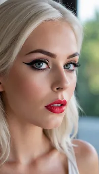 ziprealism, (smug, expressive eyes, breathtaking eyes), (silky hair, brilliant white hair, stark white hair), (vivid lipstick, heavy eyeshadow, dark eyeshadow, bold eyeliner:1.4), (cheek dimples, sharp chin, chiseled cheekbones, triangular face, full lips), (medium closeup, professional lighting, award winning portrait, tight focal length, rule of thirds framing:1.2), (sharp focus, focus on lips, perfect eyes), catchlights, detailed eyes, (subtle freckles and skin imperfections:.4), sitting in front of window, streaming sunlight, natural skin texture, soft bokeh, <lora:add-detail-xl:.8>