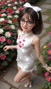 Amazing photography, 8k, highest quality, high angle, 18 years old, detailed face, insanely hot face, Young girl, slim body, lots of makeup, smokey eye shadow, ribbons in her hair, nerdy glasses, detailed sexy legs, small tits, ((skin tight dress, very short silky dress, white mini dress, flowers and hearts on dress)), long gorgeous hair, beautiful smug brunette, headband, big smile, barefoot, elegant open toe strap heels, ankle bracelet, side view, 4 foot up behind her, cute little butt, gorgeous young face, youthful, at the park, flowers, happy and excited, (full body), close up, (dancing), raining, wet skin, wet low back dress, wet hair, elegant toes
