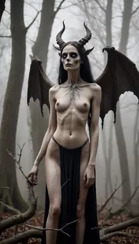 full length bodies view, A haunting, black-and-white, high-contrast photograph, styled in the vein of 19th-century Romantic photography and imbued with a surrealist atmosphere., (The focal point is a towering, skeletal figure, reminiscent of a gothic gargoyle, yet possessing delicate, antlered branches instead of horns. Its long, flowing hair cascades down its back, contrasting sharply with its stark bone structure:1.5), . The figure, with an ethereal glow suggesting faint light from behind, stands protectively over a young woman, approximately 18 years old, of mixed race heritage, with dark, expressive eyes. The woman wears a simple, white linen dress. The woman gazes up at the creature with a mixture of apprehension and trust, clutching a worn, wooden doll. The creature’s posture is a delicate balance between menacing and protective, its gaze directed towards something beyond the frame, conveying a sense of ancient guardianship. The setting is a dense, fog-laden forest, the ground strewn with antique newspaper clippings, their text indecipherable, creating a sense of lost time and forgotten narratives. Dark, gnarled trees loom in the background, their branches obscuring a twilight sky, lending depth and mystery. The composition is a dramatic low-angle shot, emphasizing the creature’s height, utilizing a wide-angle lens to encompass the atmospheric surroundings. The light is diffused, creating soft shadows and enhancing the overall moody atmosphere. The textures range from the smooth, almost ethereal texture of the creature’s bones to the rough texture of the bark and the brittle texture of the newspaper clippings, creating tactile depth. The overall mood is one of haunting mystery, balancing the sinister with the innocence of the woman, evoking a sense of dark fairytale.