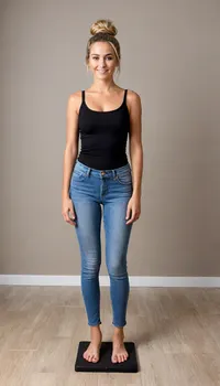 She is 45 years old female mom, wife, her height is 175cm., ((smokey blonde thick hair up fully in a messy bun)), .
long round oval face, nice closed smile, blue eyes, (small bust), Sun Tanned skin, fake tan.

Standing perfectly straight in view, facing the viewer, Female form, Palms facing the viewer, feet stood apart, arms to her side, ready to have a full body scan.
Standing on a flat plinth.
Standing on electric scales, presenting herself like a Human trophy.

Wearing tight blue jeans, loose black shirt with rolled up sleeves, with brown white bottom loafers, Blank black background, blank backdrop.

perfect hands, perfect feet, natural looking.
3D model t-pose pose for a game character file.
Crucifix style pose.

belly bulge, (little bit of cellulite), elegant woman, mature beauty, slim figure, light tiredness, realistic aging., (medium to full figure:1), (natural soft belly:1.1), (curvy body:1.2), (soft figure:1.2), real.

round wide hips, thin waist, thin thighs, slim legs, Full body, Realistic body detail and textures. Staring directly at the viewer, eye contact.
very, flash.
astonrichardsxl.