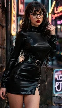 Take a beautiful 8K photo of a gorgeous sexy busty coed leaning against a wall outside of a run-down nightclub lit up by a neon sign late at night. photorealistic, photorealism, She has long straight black hair with curly bangs, horn-rimmed glasses, creamy pale skin, heavy eyeliner and mascara, maroon lipstick, (a snug long-sleeved black dress that reaches her thighs:1.3), a thick black leather belt over the dress, silver jewelry, striped kneeling-high socks, black sneakers, realistic natural skin with pores and imperfections, subsurface scattering, zoom out, show fully body, clothes, pokies, great, lighting, braless, Wearing, clothes, that, make, sense, with, Braless>, <lora:add-detail-xl:2>, <lora:style_lora_realis:2>, <lora:great_lighting:2>, <lora:MJ52:2>, <lora:bralessSDXL_v1_00022:.9>