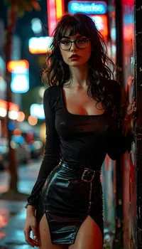 Take a beautiful 8K photo of a gorgeous sexy busty coed leaning against a wall outside of a run-down nightclub lit up by a neon sign late at night. photorealistic, photorealism, She has long straight black hair with curly bangs, horn-rimmed glasses, creamy pale skin, heavy eyeliner and mascara, maroon lipstick, (a snug long-sleeved black dress that reaches her thighs:1.3), a thick black leather belt over the dress, silver jewelry, striped kneeling-high socks, black sneakers, realistic natural skin with pores and imperfections, subsurface scattering, zoom out, show fully body, clothes, pokies, great, lighting, braless, Wearing, that, make, sense, with, Braless>, <lora:add-detail-xl:2>, <lora:style_lora_realis:2>, <lora:great_lighting:2>, <lora:MJ52:2>, <lora:bralessSDXL_v1_00022:.9>