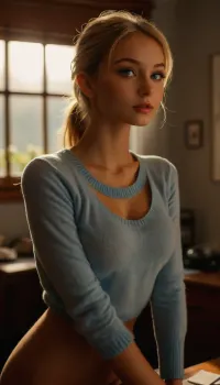 Full body, full view, young girl, 18 years old, blonde hair in ponytail, false eyelashes, makeup, flat chest, (very long nipples), ((skinny)), light_blue blouse, sweater, office, shot from below, ((Ultimate realistic photo details)), (((dynamic sexy pose))), (((bright sunlight))), small curved round breasts, bottomless, detailxl, <lora:MJ52:.8>, <lora:attractive_notrigger:.8>, <lora:710302_training_data:.8>, <lora:RealDownblouseXL2:.8>