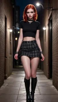 (full frame view, zoom out, full body view, hyper realistic:2), (most beautiful slender 18 year old redhead punk model in a dark alley at midnight, slim, tall, confident, assertive, strong, proud:2), (wearing oversize buckled black platform boots, plaid miniskirt, t-shirt, spiked wristbands, spiked choker:2), (show nude shaved hairless innie pussy:1.8), (professional fashion photoshoot, NSFW:1.7), (beautiful detailed face with heavy make-up:1.2), (erotic photo, porn photo, pornography, photorealistic, photo realistic, photorealism, photo realism, realistic, realism, light blank background:1.5), (4k, 8k, 8k resolution, best quality, ultra quality, highest quality, maximum quality, uncompressed, raw source photograph:1.2), (intricate clothing, detailed clothing, detailed skin, realistic skin), skirtlift, flat, chested, <lora:skirtlift_xl:1>, <lora:Creat0r_MagicDetailzV2_FIX:1>, <lora:SDXLFaeTastic2400:1>, <lora:flat_chested_v3.5:.8>