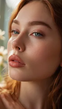 ziprealism, (avant-garde romantic esthetic, professional portrait), (f/2.8 shallow depth of field, creamy bokeh, tight headshot, extreme close-up portrait, layered composition with subtle foreground, focus on lips:1.4), (vibrant auburn hair with coppery highlights, short hair, swept-back hairstyle, flowers in hair, casual tousled hair), (catchlights, limbal rings, large expressive eyes, stunning eyes, long delicate eyelashes, perfect eyes), (full lips, soft lips, moist lips, pouting lips:1.3), (white waterline eyeliner, doe-eye makeup, soft blush, soft facial features), (expression of deep adoration, loving gaze, in love, subtle warmth in eyes, soft bashful smile), (porcelain skin, natural skin texture), (subtle freckles, subtle skin imperfections:.4), <lora:MJ52:.8>, igbaddie, <lora:igbaddie-XL:.4>