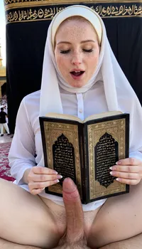 8k, Transparent hijab, reading quran, sitting, freckled, pale skin, holding man dick and looking dick, in front of kaaba, hairy pussy, orgasm face, ultra detailed