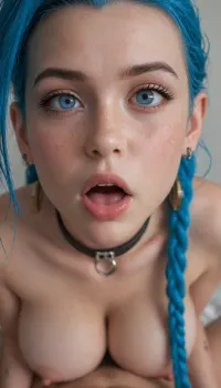 Long dark blue hair, blue eyes, freckles on face, beautiful face, earrings, feminine blush, long pigtails, gigantic round breasts, slave collar, hard nipples, massive breasts, narrow waist, pov of male, anal style, jinx, bright blue eyes, jinx from league of legends, (youthful face:1.5), gigantic boobs, anal sex, perfect teeth. passionate stunned and disorienting sex orgasm, close view of face, (Eyes open, disoriented, confused, moaning, orgasm:1.2)