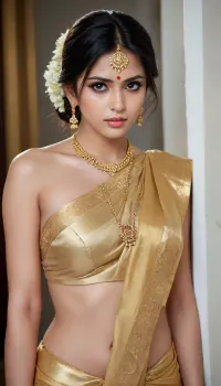 Beautiful, very fair, traditional Hindu outfit, adorned with a golden saree. The woman's dress is adorned with gold embroidery, adding a touch of luxury to her outfit. The backdrop is a stark white wall, creating a stark contrast to the woman's outfit. Face Detail, Enhanced Beauty, unhappy, Realistic Model, Angry Face, Hot Body, Sexy Body, Man, Attractive, Handsome Boy, Enhanced all details, Extremely Beautiful, Gorgeous, Pretty Face, Attractive Figure, Mystical Beauty, Sexy Anime Girl, Hot Anime, Hot body, Attractive Body