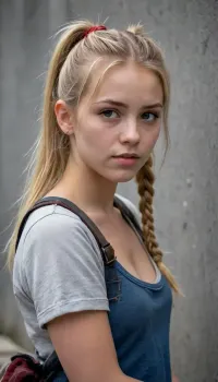 dirty homeless woman beautiful blonde 18 years old with ponytails woman, lewddungeon, background walls, breastclamp, <lora:breastclamp_SDXL_reg0_03s:.5>