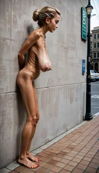 Young horny with pale skin at Public street, ((8k, uhd, best quality)), high resolution, realistic, detailed, (((standing and bend forward, hands to wall, sagging breasts))), sideboob, view boobs from side, (bending foward to wall 90 degrees), (((empty, flat sagging boobs, side boobs))), (((very long empty saggy boobs))), (((long saggy tits, showing bend forward, side view))), (((very long empty tits hanging deep))), (((very long sagging breasts))), ((standing, bend over, bendover, hands behind back, sideview)), (backview long sagging tits), view from behind, tits hanging, ((long swollen nipples)), (dark areola, aureola), very bright blonde hair, tanned skin, tanlines, skinny, very tall, long skinny legs, spreading feet, (((very long toes, red toenails))), (spread toes), naked, view is fully detailed, feet showing, deep wet pussy, (huge gaping cunt and ass), hard long swollen nipples, sweating, (looking at viewer, serious facial expression, full body picture), very_long_boobs, smile
