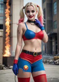 (Harley Quinn), ((topless)), 20th century vintage photo 70s of a 34 years old gorgeous blonde Harley Quinn, ((Harley Quinn)), ((colorfull make up)), (photorealistic), topless, full natural breasts, DD cup breasts, beautiful natural breasts on display, color photo in the 70s style, grainy photo, full body view, smiling, wearing Harley Quinn's short shorts and belt, Harley Quinn's slave collar, sexy legs, (wearing torn stockings), urban scenery, burning Police Station in The Background, satisfied and happy look in her beautiful blue eyes, two long fluffy colorfull ponytails, burning building and fire in the background