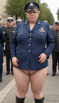 no skirt, no panties on a OBESE 61-year-old European woman, grandma with hidden shaggy tits and shaggy belly under buttoned DARK green Military parade suit. Shaved pussy is visible. Light grey blond hair, wrinkles. Dark lipstick on thin lips, dark makeup, glasses. Slut face. She is dressed only with, ((buttoned NAVY BLUE Military parade suit:1.5)), buttoned up on the tits, officer's peaked cap., ((NO skirt:1.5)), NO PANTIES. long boots, belt, ((shaved pussy visible:1.5)), full figure visible, outdoor, prisoners of war, realistic image, ultra HD, 8k, ((daylight)), HD, true colors, detailed portrait. No blur, ultra HD photorealistic full height 8k, <lora:356724_training_data:.8>, megachubsdxl, morbidly, obese, <lora:megachubsdxl_13:.4>, plump, skindentation, chubby, bbw, venus, body, big, breasts, ass, <lora:Chubby BBW - XL:.8>