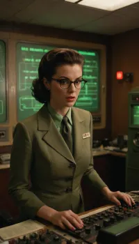 Retro-futuristic radio studio, 50s Atomic Age aesthetic, radio host, (female, slicked-back hair, horn-rimmed glasses, skin tight retro-futuristic suit, deep neckline), speaking into bakelite microphone, CRT monitors with green vector waveforms, mechanical computers, curta calculators, pinboard programming, patch panel switchboard with glowing vacuum tubes, paper tape readers spitting binary code, tube clocks showing UTC time, radiation symbol on soundproof wall, vintage NASA posters, smoke from soldering iron mixing with cigar haze, warm analog glow from tube amplifiers, Fallout 3 style, technicolor cinematography, Kodak Ektachrome film grain, analog, AnalogRedmAF, <lora:AnalogRedmondV2-Analog-AnalogRedmAF:.8>