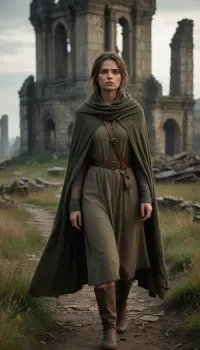 `Post-apocalyptic scene with nature reclaiming medieval ruins, ivy-covered stone castles, collapsed wooden watchtowers, overgrown cobblestone paths, and distant remnants of a shattered city with crumbling cathedrals. A weary woman in ragged, dirt-streaked clothing—patched woolen tunic, frayed cloak with a corroded clasp, scuffed leather boots—walks through a field of wild grass, her garments torn and stained with grime. She carries a dented copper flask, her face smudged with ash, sunlight filtering through haze to highlight the decayed landscape. 8k resolution, hyperrealistic textures, (weathered stone, matted fabric, oxidized metal), cinematic HDR lighting blending muted browns and gray-green tones, anti-aliasing, depth of field focusing on her figure against the ruins, ray-traced mist, lossless PNG format.`