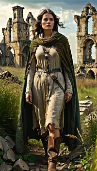 `Post-apocalyptic scene with nature reclaiming medieval ruins, ivy-covered stone castles, collapsed wooden watchtowers, overgrown cobblestone paths, and distant remnants of a shattered city with crumbling cathedrals. A weary woman in ragged, dirt-streaked clothing—patched woolen tunic, frayed cloak with a corroded clasp, scuffed leather boots—walks through a field of wild grass, her garments torn and stained with grime. She carries a dented copper flask, her face smudged with ash, sunlight filtering through haze to highlight the decayed landscape. 8k resolution, hyperrealistic textures, (weathered stone, matted fabric, oxidized metal), cinematic HDR lighting blending muted browns and gray-green tones, anti-aliasing, depth of field focusing on her figure against the ruins, ray-traced mist, lossless PNG format.`