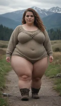 viking, hyper hips, heavyweight, fat woman, obese, (fully dressed:1.3), night mountain, massive fat thighs, hiking, (shortstack:.03)
