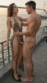 sexy look "do you wanna fuck me?", realistic physics, sexiest housewife, tight pussy gap, vagina fully filled with male cum, puffy pussy, Orgasm, closing eyes in orgasm, female vaginal orgasm, moans, groans, exquisite intimacy, deep connection, beautiful sex, lovemaking, passionate embrace, seductive sexy woman, the allure of sex inviting core, juicy femininity, the most alluring sexy woman, the most enticing sexy body, the most captivating sexy face, the most beautiful small breasts, the longest sexy legs, 18 year old, on a cruise ship, ((detaled bright green eyes)), full body view, bending over, showing ass cheeks, skinny body, long legs, medium breasts, straight long brown hair, green eyes, pink lipstick, wearing a black animal print Maxi dress, gold loop earrings