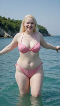 Ukrainian absolutely albino 20-year-old 3-feet-height extremely chubby woman, transparent gauze pink bikini, barefoot, happily smiling, swimming serenely in a clear blue sea