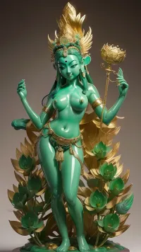 a detailed jade sculptures of a young stunning naked body chinese women bodhisattva Avalokitesvara with naked body full of gold accessories, standing on giant lotus, detailed face, smooth skin, smooth texture