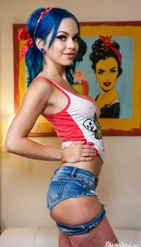 (filmic), (skindentation), (solo), 21 years old, ((good 5fingers:1)), (((good hands:1.5))), (photo realistic), cinematic, polished fingernails, (well-lit scene), magical, great angle, cute face, (DSLR photo), make-up, ((slutty)), pink lips, eyelashes, ((fleshy lips with gloss)), intricate details, aesthetic, retro pin-up girl caricature, russian milf, 45 years old, (slender body), blue hair, tattooed arm, piercing gaze, winking expression, wearing red bandana, blue tank top, wide decollete, denim shorts, hands on hips pose, seductive smirk, sideview, digital painting style with vibrant colors, smooth gradients, glossy highlights, whimsical, playful, Provocative, athletic waists, pierced nipples, mischievous, (dramatic false eyelashes), (tan, seamless, pantyhose, 20D), white waterline eyeliner, (stunning eyes), pinup style, (movie poster art), doe eyes makeup, ethereal fantasy photography, grim, reij-snrs, light, and, shadow, by, zdyna_pose, ohwx, woman, <lora:MJ52:2>, <lora:LCMTurboMix_Euler_A_fix:2>, <lora:sunriseSDXL-000009:2>, <lora:!action-sdxl-V0.5:1.1>, <lora:ortega_sdxxxl_dh128_v1:2>