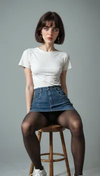(ultra realistic, ultra detailed, best quality, fullbody photo), (mature woman, 35 years old, dark hair, medium-length bob with bangs, Anna, thin face, triangular face, narrow face, narrow long nose, feint small amount of freckles across nose, thin lips, dark eyes, caucasian, no makeup, low height, light weight, short skinny legs, skinny body, (skinny:1.3), natural flat sagging tits, wide thigh gap, skinny flat ass, skinny hips, slightly tanned skin, no tattoos, she is an accountant, her hobby is photography), (she is wearing skinny short length denim skirt, nylon tights, tights are down, long loose white T-shirt with no lettering, white sneakers), (she sits cross-legged on a stool sadly), she looks upset, 4ng3l, face, <lora:SDXL_BetterFaces-LoRA_v1:1.7>