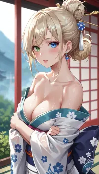 1girl, japanese clothes, solo, kimono, hair ornament, cleavage, looking at viewer, bare shoulders, jewelry, obi, earrings, floral print, crossed arms, parted lips, blush, blurry background, blonde hair, from side, blurry, hair bun, white kimono, print kimono, wide sleeves, medium breasts, short hair, blue eyes, green eyes, heterochromia, white hair, hair stick, collarbone, sidelocks, hair intakes, breast 1girl, japanese clothes, solo, kimono, hair ornament, cleavage, looking at viewer, bare shoulders, jewelry, obi, earrings, floral print, crossed arms, parted lips, blush, blurry background, blonde hair, from side, blurry, hair bun, white kimono, print kimono, wide sleeves, medium breasts, short hair, blue eyes, green eyes, heterochromia, white hair, hair stick, collarbone, sidelocks, hair intakes, breast