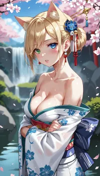 1girl, cat ears, japanese clothes, solo, kimono, hair ornament, cleavage, looking at viewer, bare shoulders, jewelry, obi, earrings, floral print, crossed arms, parted lips, blush, blurry background, blonde hair, from side, blurry, hair bun, white kimono, print kimono, wide sleeves, medium breasts, short hair, blue eyes, green eyes, white hair, hair stick, collarbone, sidelocks, hair intakes, breast, heterochromia