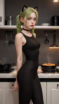 (Masterpice), HD4K visual, clear background, clear model, One Middle age Caucasian White woman, nerrow face, blue eyes, nose ring, ear rings, black choker, tounge ring, bright neon green hair, in pigtails, black cat ears, dark goth makeup, tall, thin body, thick ass, small perky pointed breasts, sleeveless crop top, black skin tight leggings, horny expression, in a kitchen, detailed background, cooking steak on a frying pan, over a modern stove, at night, kitchen lights on, side view, incase, style, ratatatat74, <lora:287175_training_data:1.4>, <lora:ratatatat74-000050:1.4>
