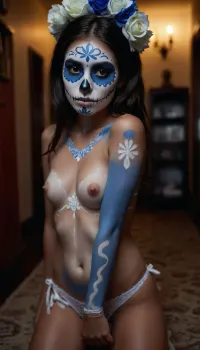 Sexy, little, Mexican girl, in blue and white traditional Catrina skull full face paint, ((blue and white face paint)), t1, skull, dia de los muertos, day of the dead, ((skull face paint)), topless, wearing a tight, ((white g-string)), mexican, talavera, ktrmkp, face, paint, makeup, she is bent over on her hands and knees crawling away from the viewer looking back, <lora:TalaveraCatrina_by_Devdope-000011:1.4>, <lora:ahxl_v1:1.2>, <lora:Katrina XL:1.1>