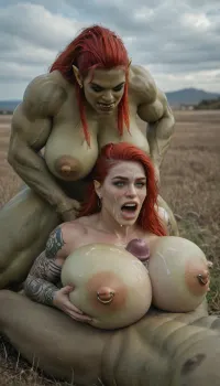 female warrior orc, titty fucking a male human, cum on tits, cum on face, femdom, naked, ((((very green skin))), very muscular, huge natural breasts, very long red hair, in a field, pierced nipples, fangs out, orc fangs, sexy orc face, clitoris, ((big golden nipples rings)), a lot of piercings, pierced clitoris, big golden clitoris ring, a lot of orcish tattoos, naked, oily skin, big pussy, piercing, ring, Orc, Shaman, (Orc girl:1.3), (orc face:1.3), (green skin:1.6), uberfit, muscular, athletic, <lora:uberfit_lora_sdxl:.5>), titjob, blowjobtitjob, <lora:283625_training_data:.8>