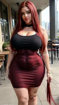 curvy tall bbw, red skinny bodycon dress, huge boobs, long straight red hair