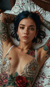 woman lying on bed covered in tattoos, photorealistic picture, trending on cgsociety, realistic 3 d anime, seductive portrait of a girl, body covered in flower tattoos, 8 k highly detailed, twin tomboy, extremely detailed woman, beeple and james gin, realistic picture of cute girl, wlop. 32 k, avatar picture