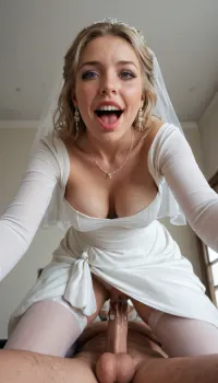 1woman, (milf:1.2), slender, 40yo, 1man, breasts, hetero, penis, sex, pubic_hair, vaginal, uncensored, grabbing, breast_grab, pussy, female_pubic_hair, freckles, woman, legs apart, dress lifted, (standing:1.2), white stockings, earrings, testicles, perfect hair, wild hair, (short hair:.9), standing_sex, jewelry, out of frame, male_pubic_hair, (panties), white panties, panties aside, blush, sweat, realistic cum, clear cum, grabbing_from_behind, opened_eyes, medium breasts, clothed, wearing white long dress, (fabric dress), tanned skin, photorealistic, intricately detailed face, intricately detailed pussy, realistic cock, intricately detailed cock, realistic face, focus on pussy, cum filled pussy, (face out of frame), (view from below:1.2), realistic pussy, (eye contact:1.2), looking at viewer, looking down, smirk, grin, wicked smile, (snub-nosed), (sharp face features:1.3), (cuckold:1.1), cuck, wife, femdom, perfect teeth, (wide jaw:1.2), thick lips, (fake puffy lips:1.2), sexy makeup, dark eye lashes, pink lipstick, cleavage, wedding dress, bridal dress, bodycon dress, (narrow sleeves:1.1), gray eyes, (from behind), white chocker, beautiful face, perfect face, high detailed face, slut, whore, bride, wedding, white veil, white hairband, mistress, cruel, cum dripping, cum flow down from pussy, pulsing dick, pulsing vagina, (hard testicles), (moaning:1.3), cumming, a lot of cum, massive cum load, (sharp nose), (long nose), sweaty, sweating, flush, (long dress:1.1), long dress lifted, (reaching to viewer:1.2), perfect hands, five fingers, french nails, light eyes, blonde hair, (loose hair:1.2), (kneeling:1.3), (standing on knees:1.3), (leaning forward:1.3)